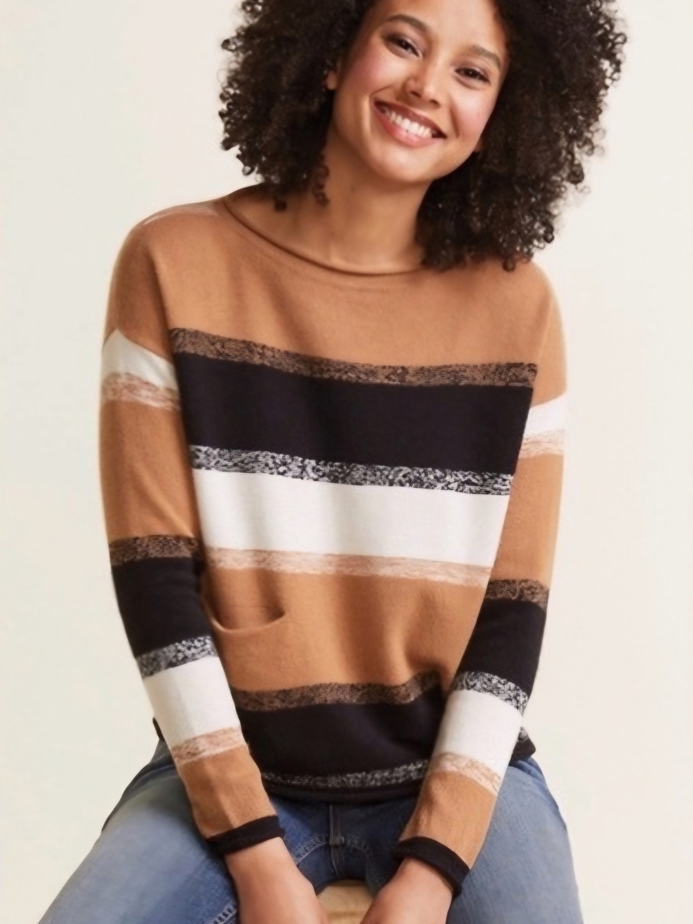 Garnet Hill Pure Cashmere Wide Striped Rolled Edges Sweater XS